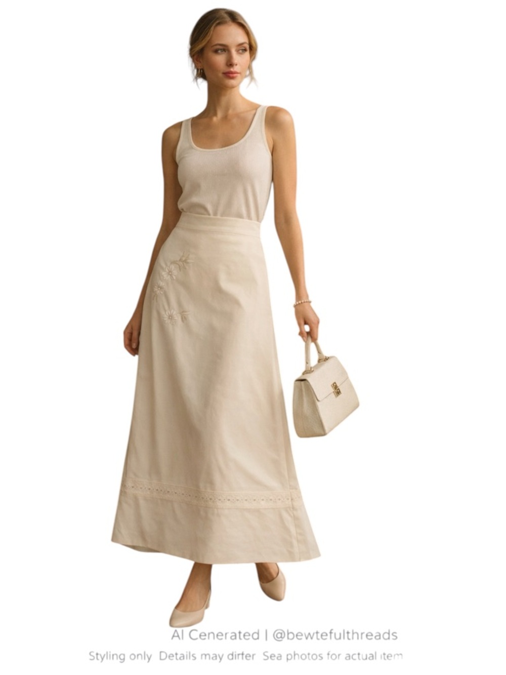 Old Money Cream Embroidered A-Line Maxi Skirt Eyelet Hem L 10–12